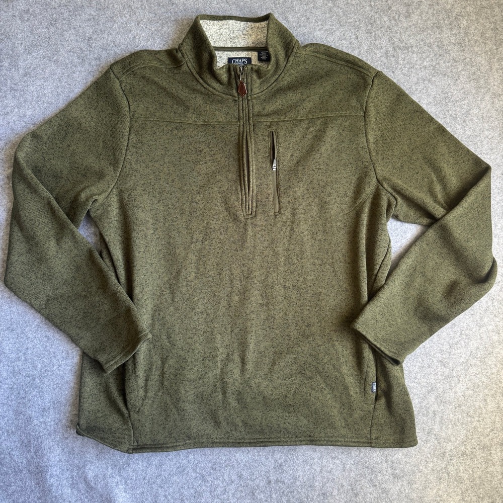 Chaps Mens XXL Olive Green Heather Quarter Zip Pullover Sweater Chest Pocket